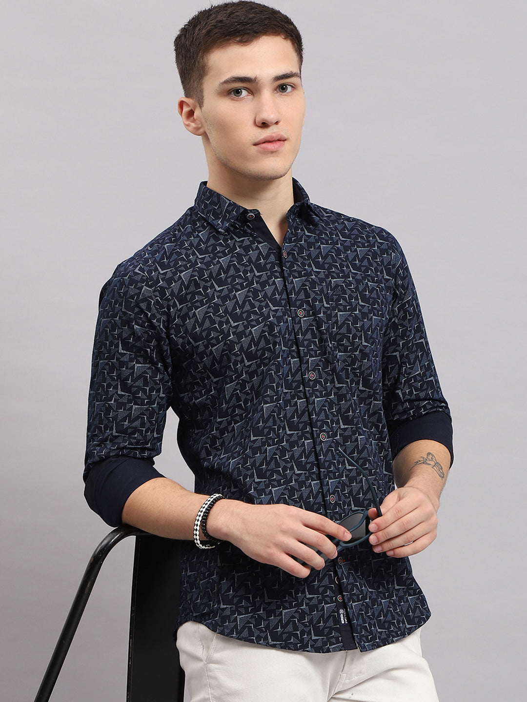 Men Navy Blue Printed Collar Full Sleeve Shirt