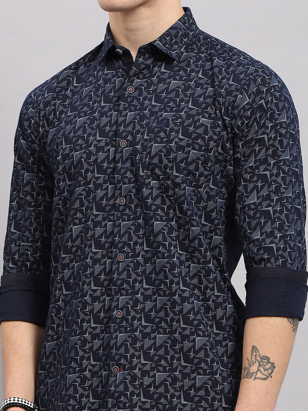 Men Navy Blue Printed Collar Full Sleeve Shirt