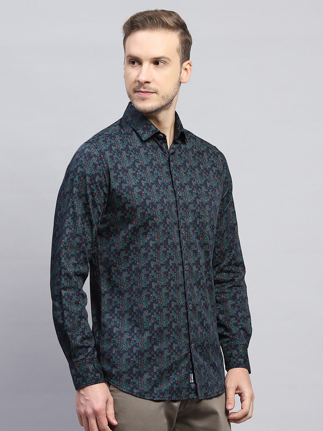 Men Green Printed Collar Full Sleeve Shirt