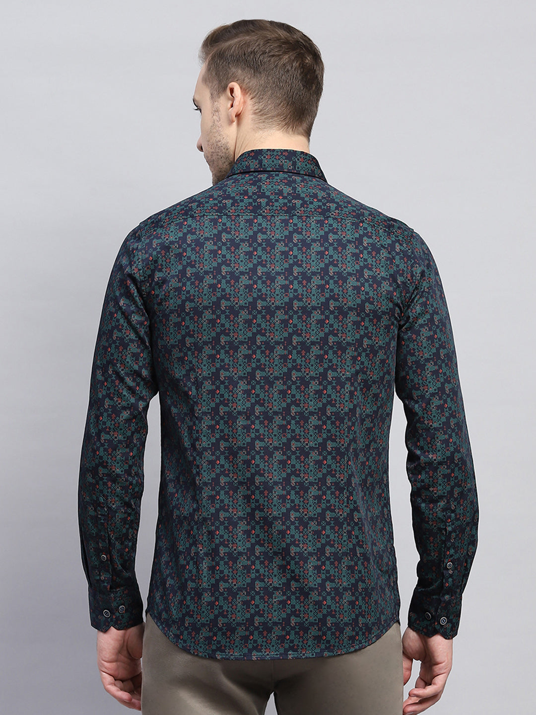 Men Green Printed Collar Full Sleeve Shirt