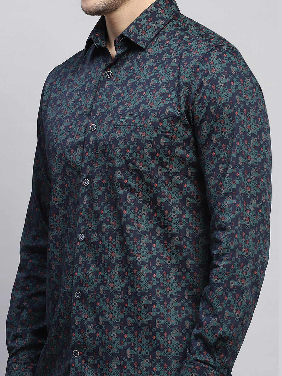 Men Green Printed Collar Full Sleeve Shirt