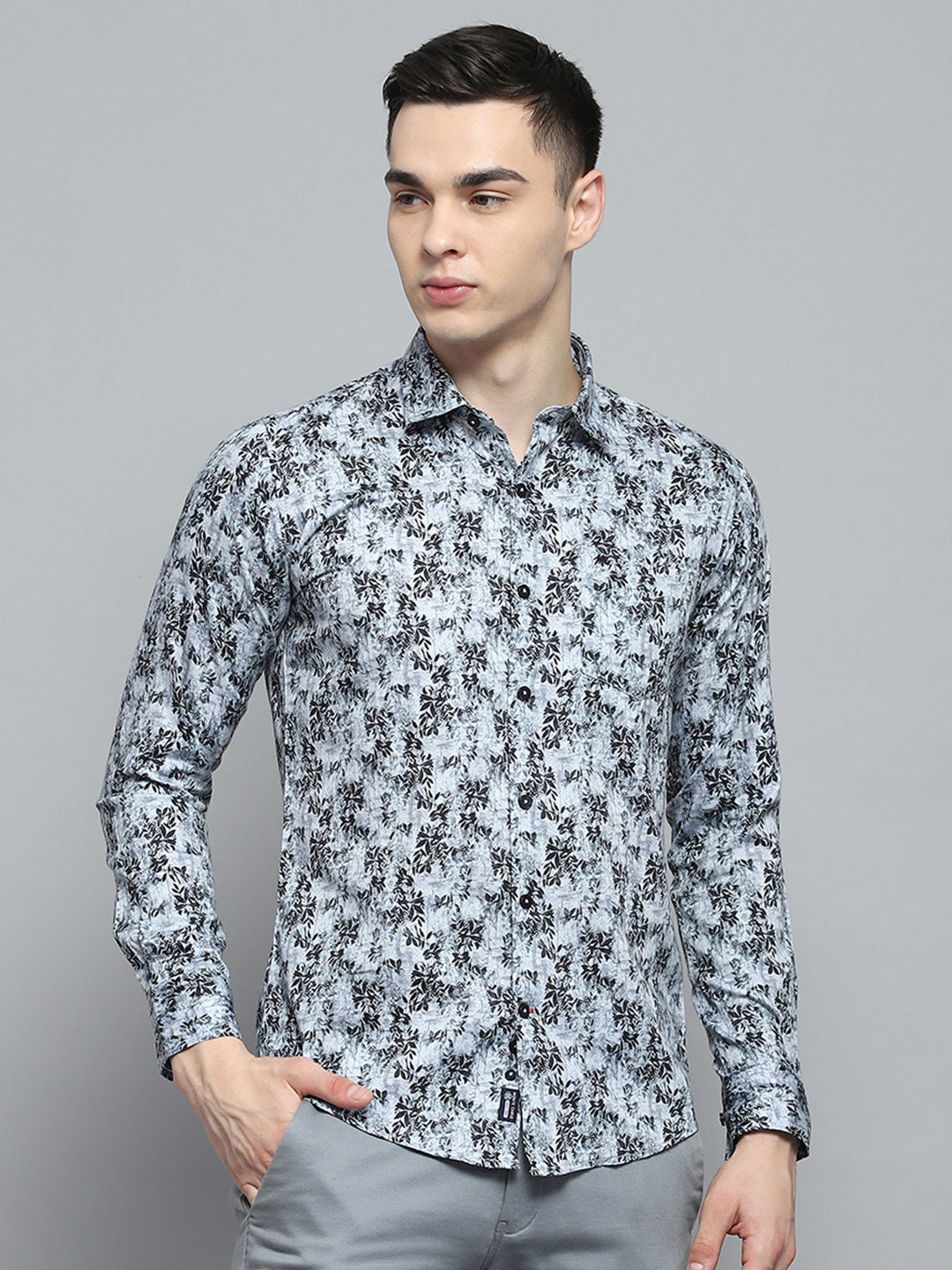 Men Grey Printed Collar Full Sleeve Shirt