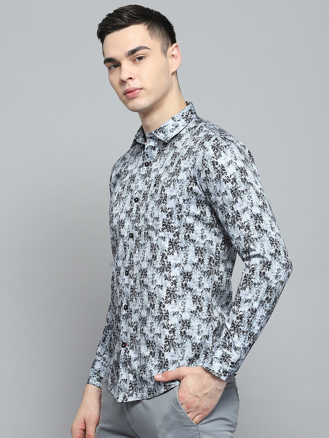 Men Grey Printed Collar Full Sleeve Shirt