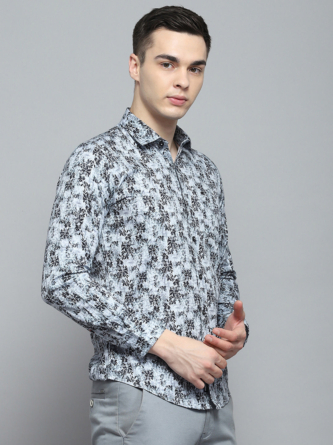 Men Grey Printed Collar Full Sleeve Shirt