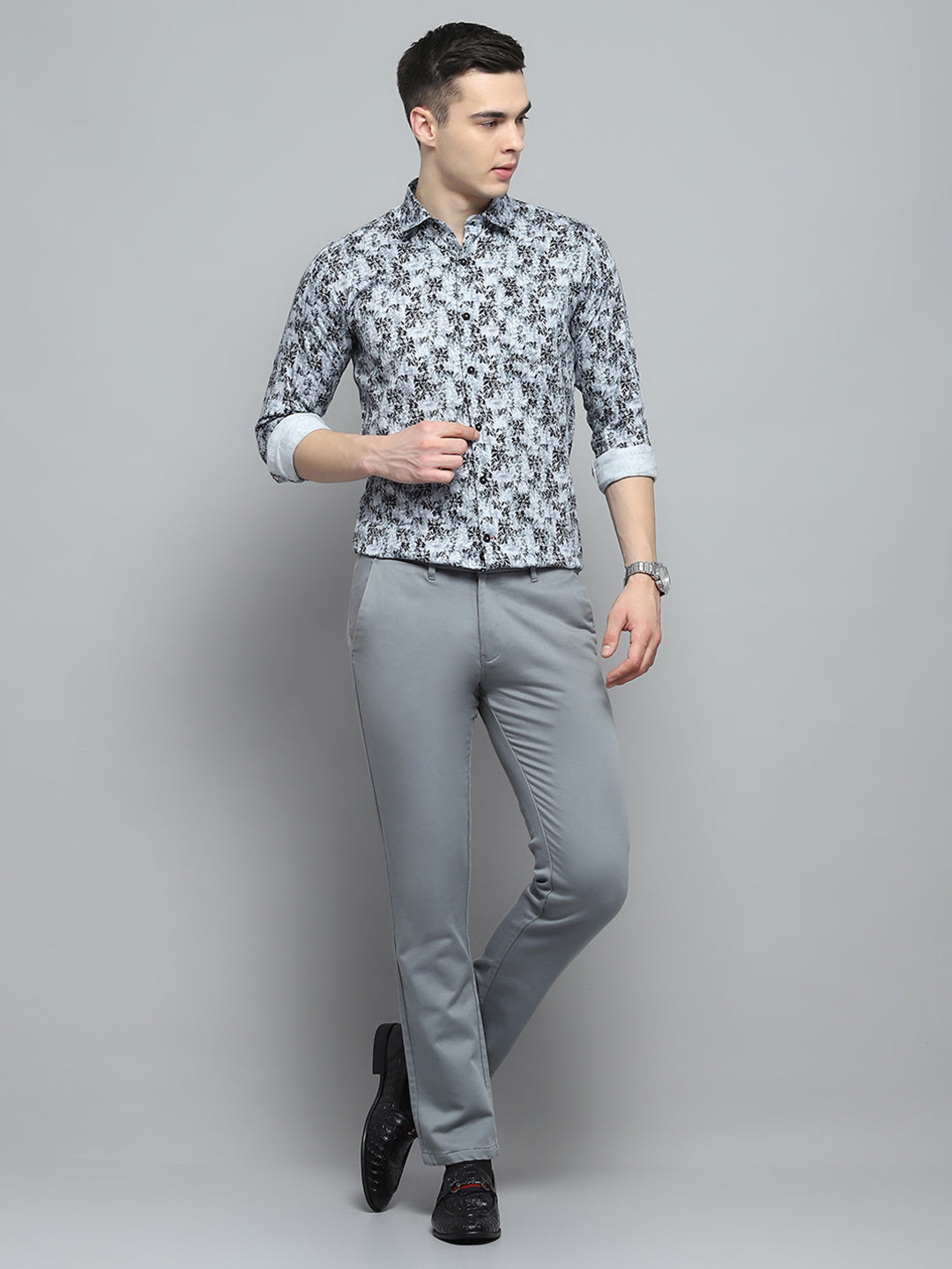 Men Grey Printed Collar Full Sleeve Shirt