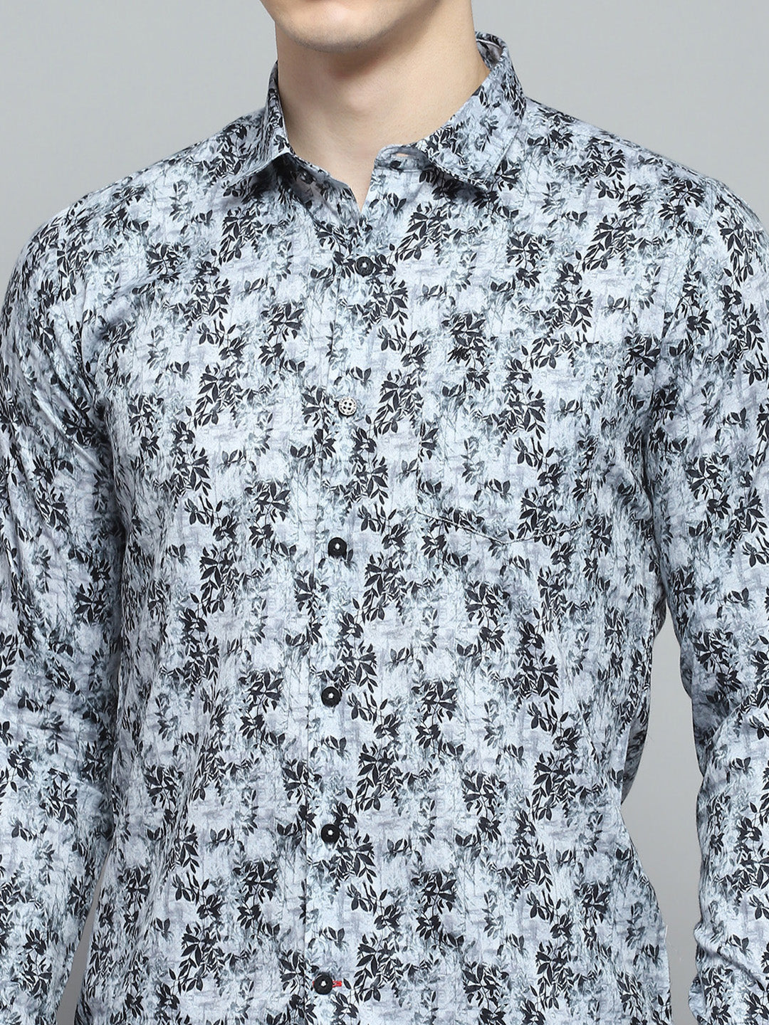 Men Grey Printed Collar Full Sleeve Shirt