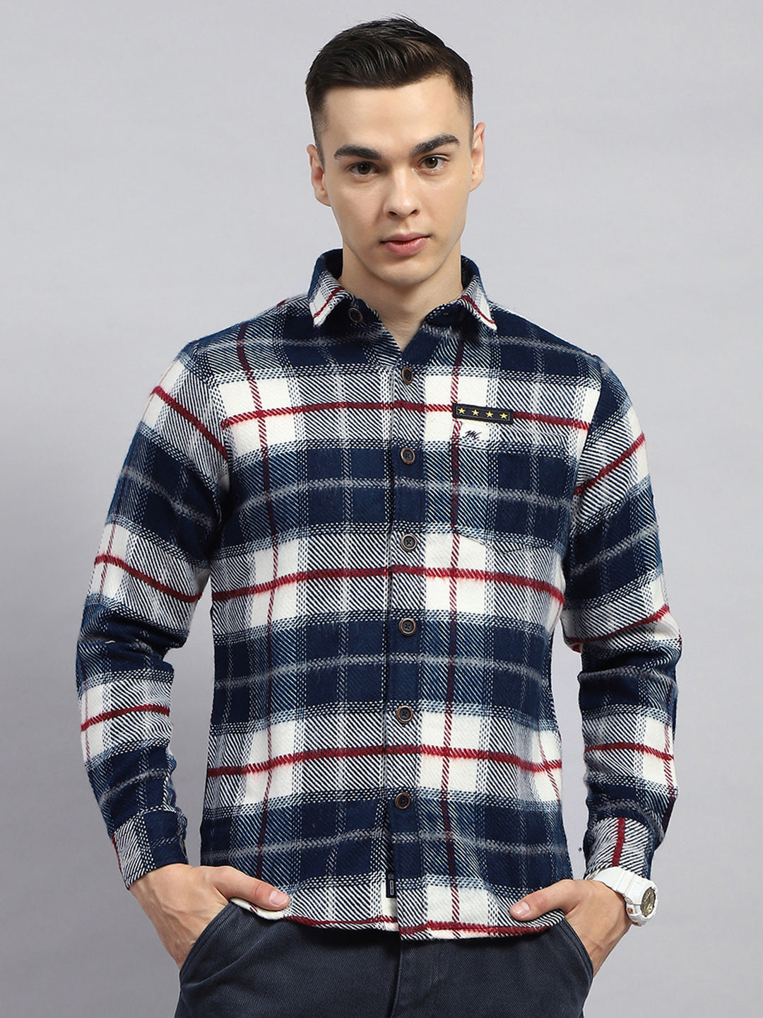 Men Navy Blue Check Collar Full Sleeve Shirt