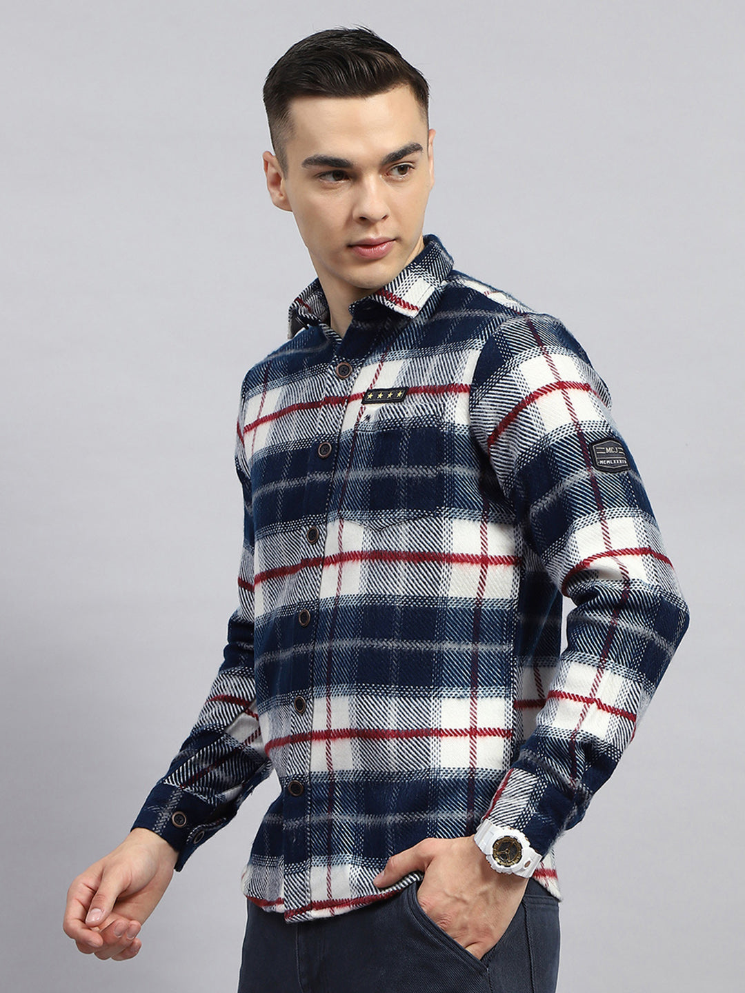 Men Navy Blue Check Collar Full Sleeve Shirt