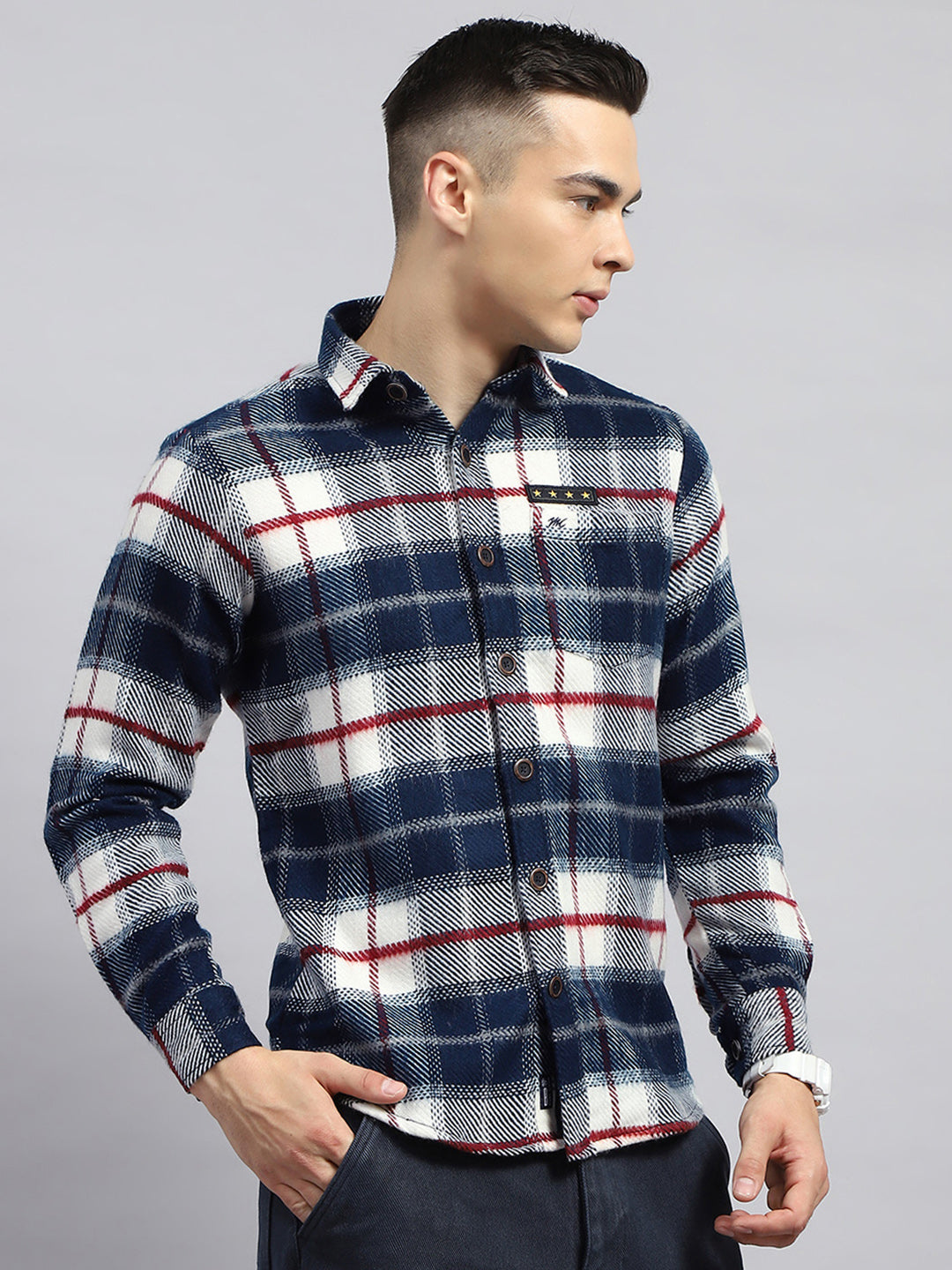 Men Navy Blue Check Collar Full Sleeve Shirt