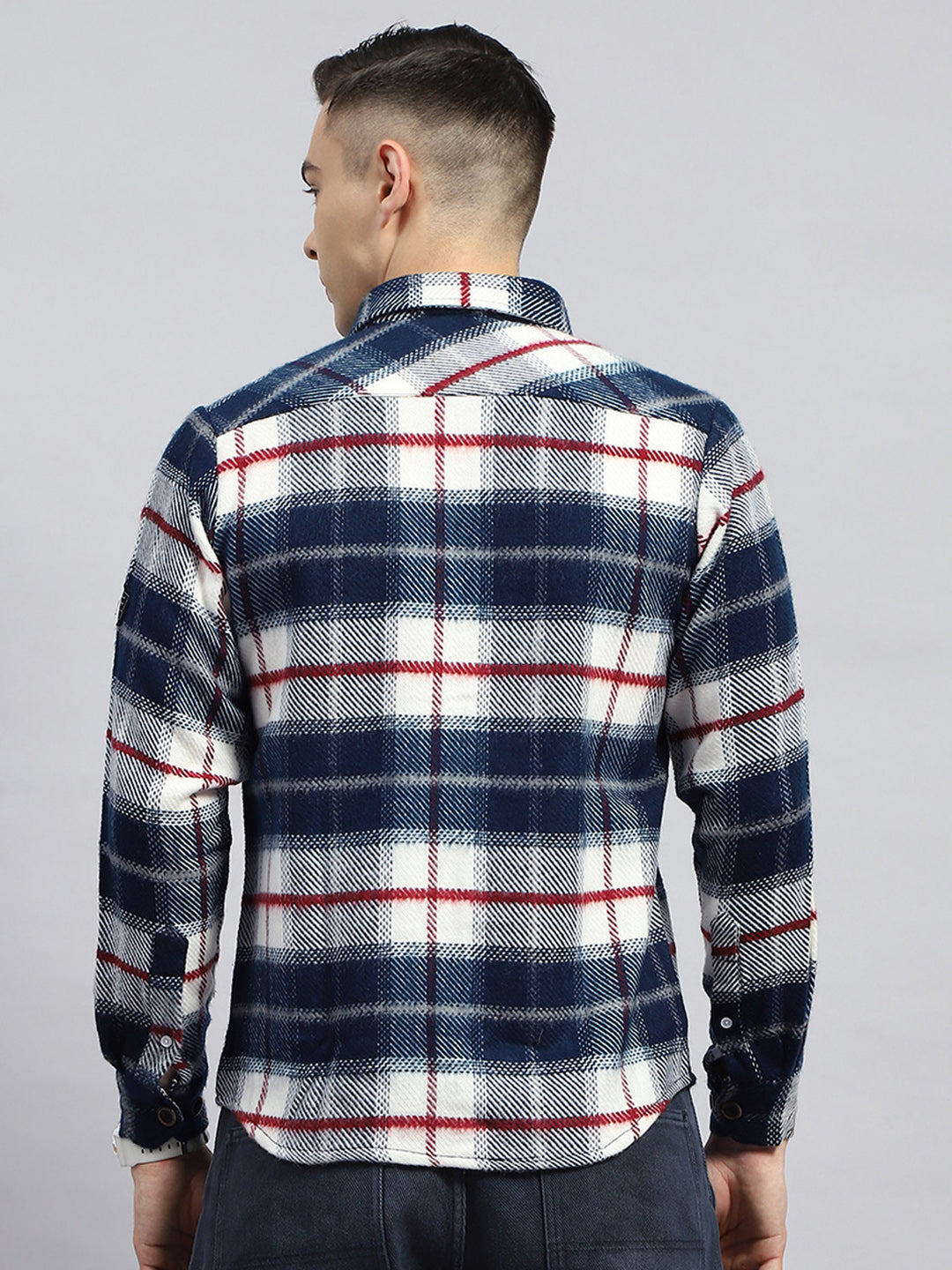 Men Navy Blue Check Collar Full Sleeve Shirt