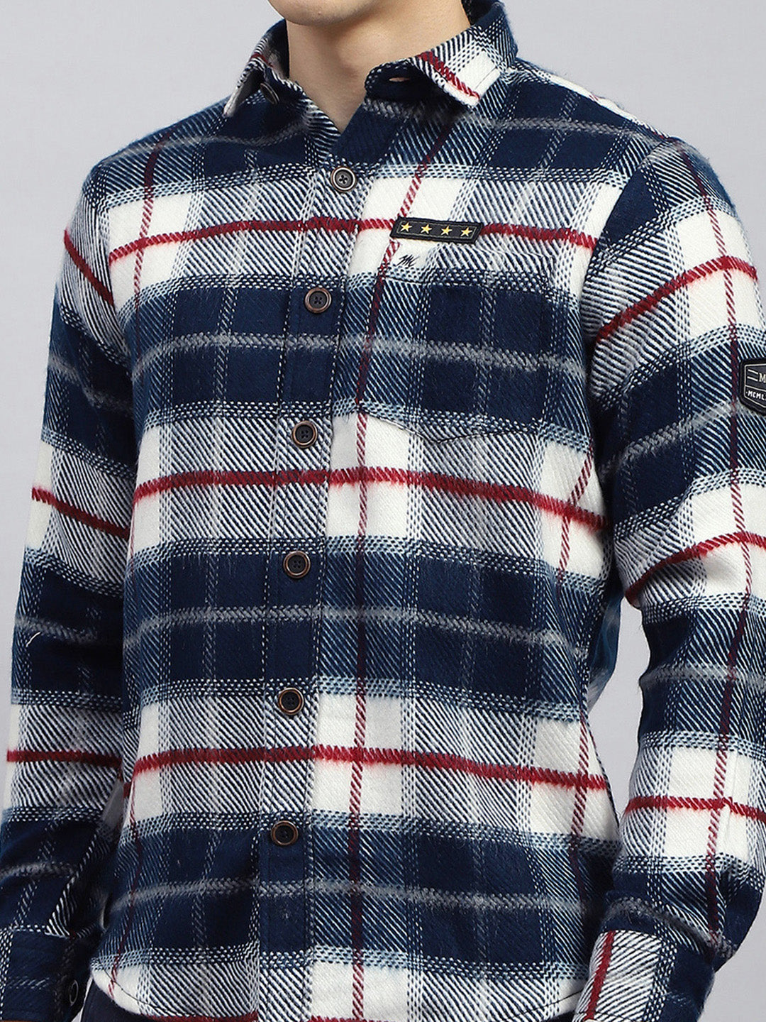 Men Navy Blue Check Collar Full Sleeve Shirt