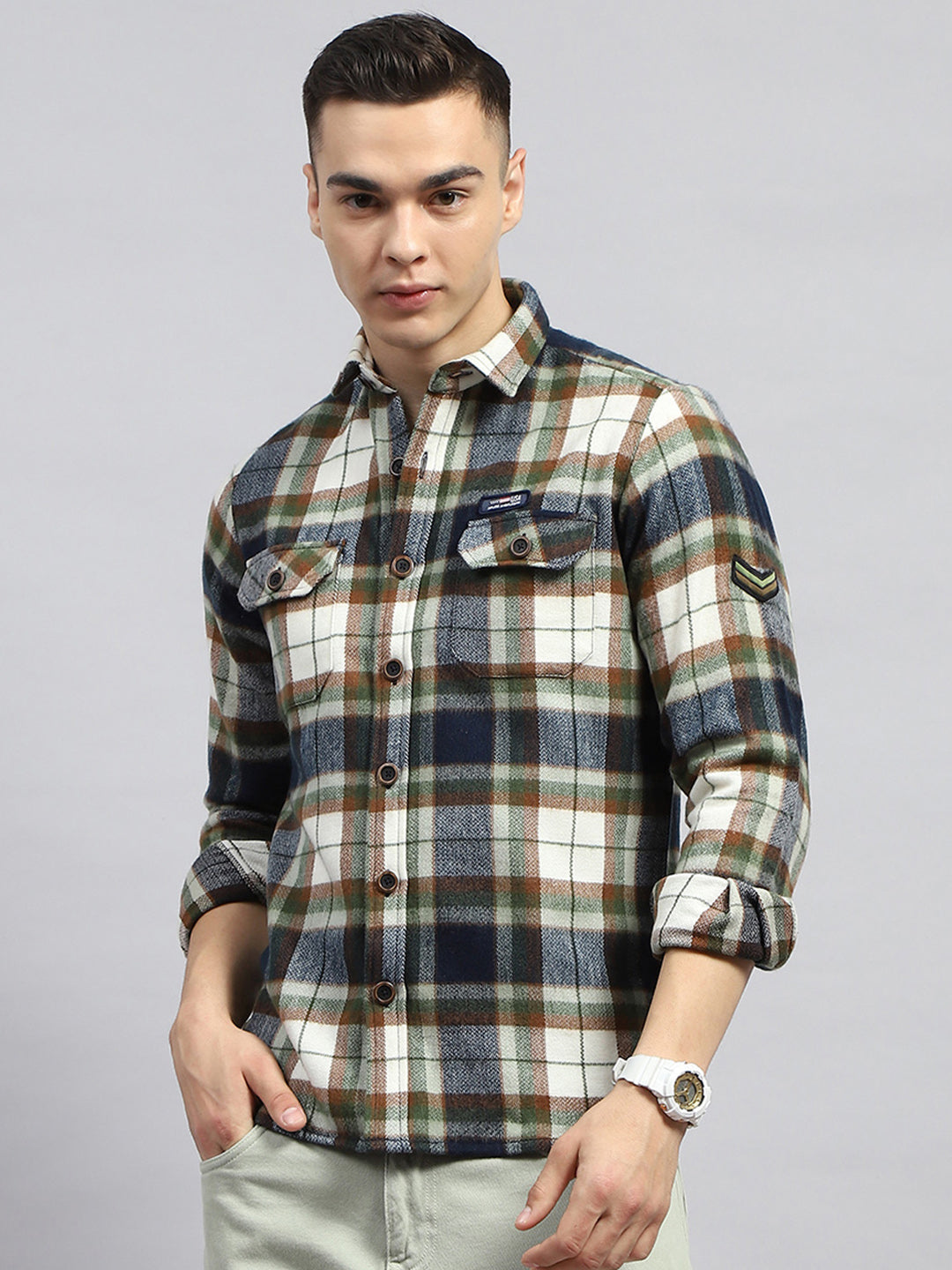 Men Olive Check Collar Full Sleeve Shirt