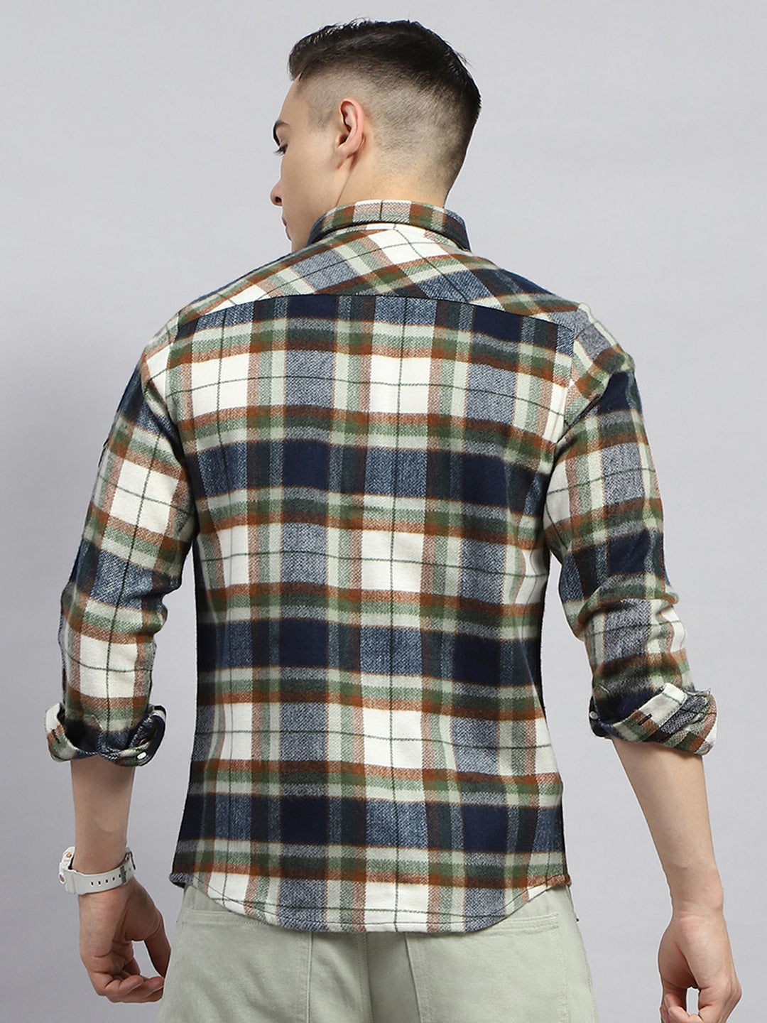 Men Olive Check Collar Full Sleeve Shirt