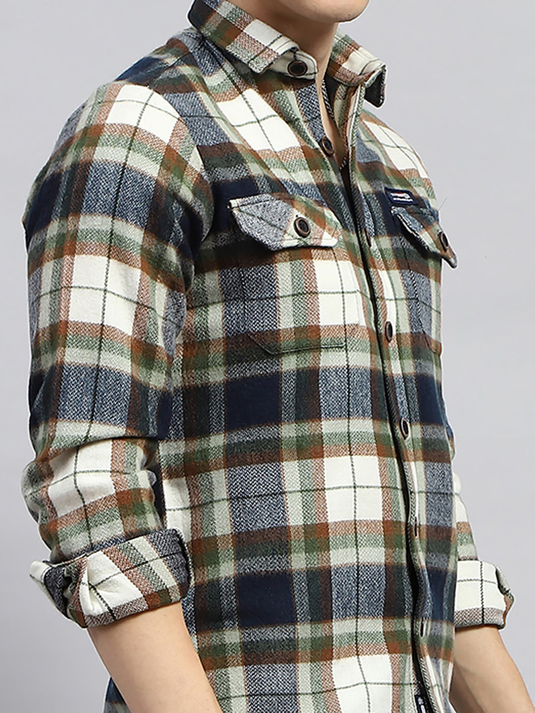 Men Olive Check Collar Full Sleeve Shirt