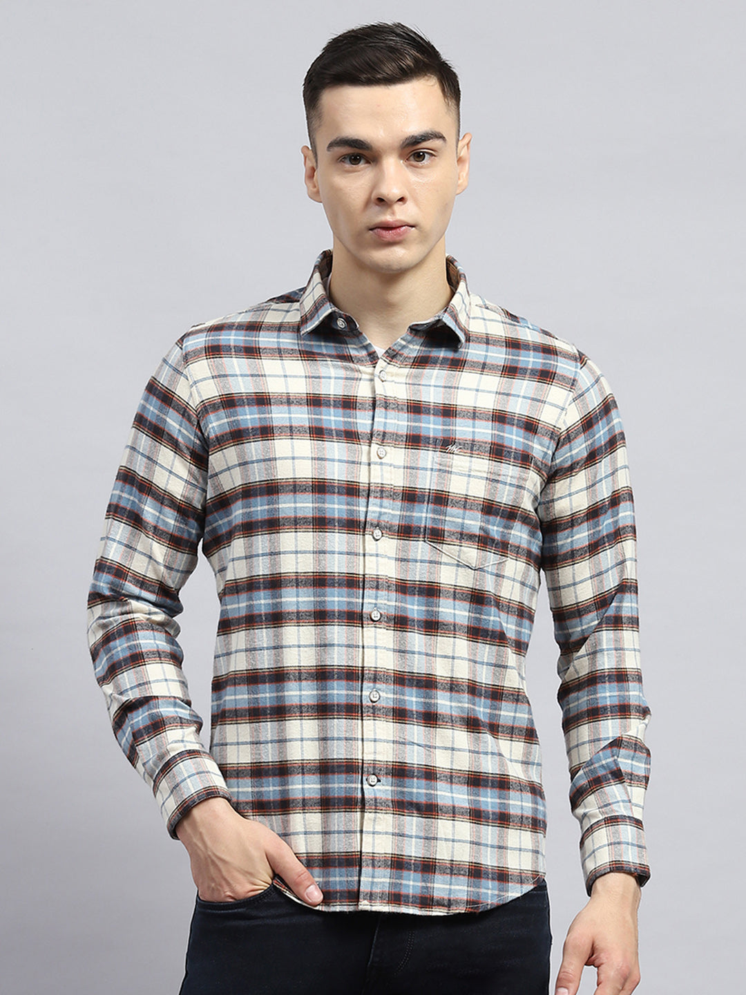 Men Blue Check Collar Full Sleeve Shirt