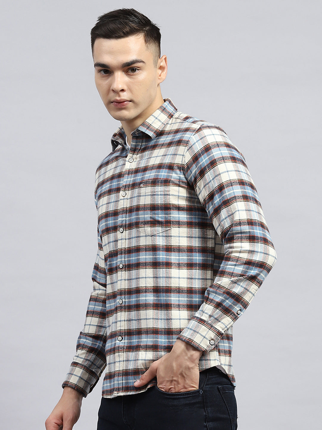 Men Blue Check Collar Full Sleeve Shirt