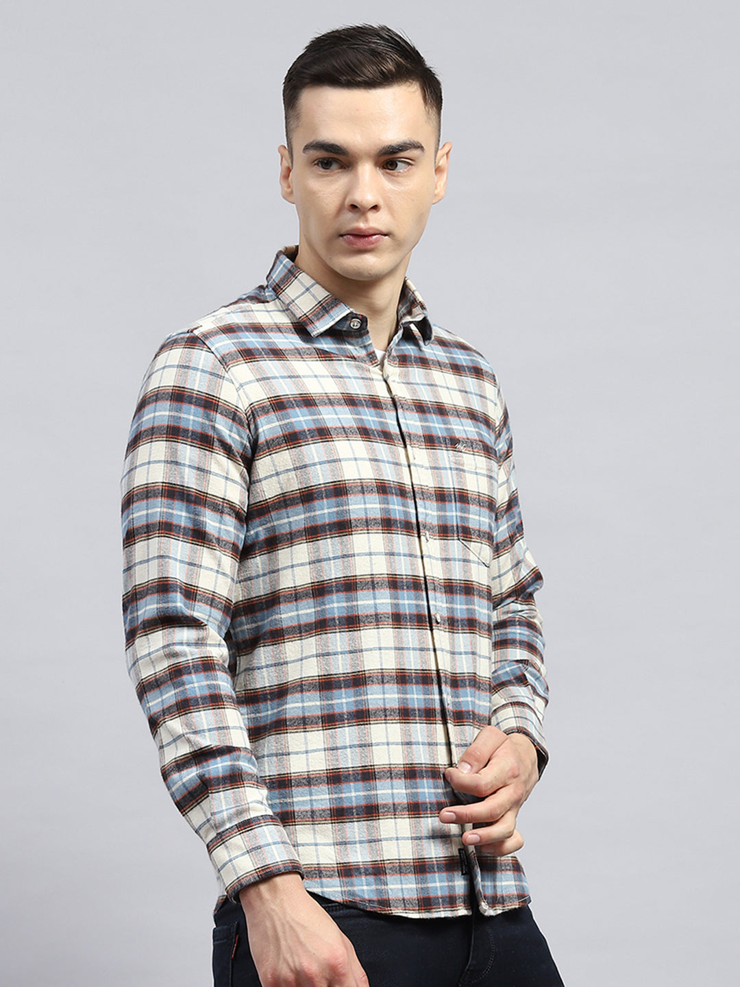 Men Blue Check Collar Full Sleeve Shirt