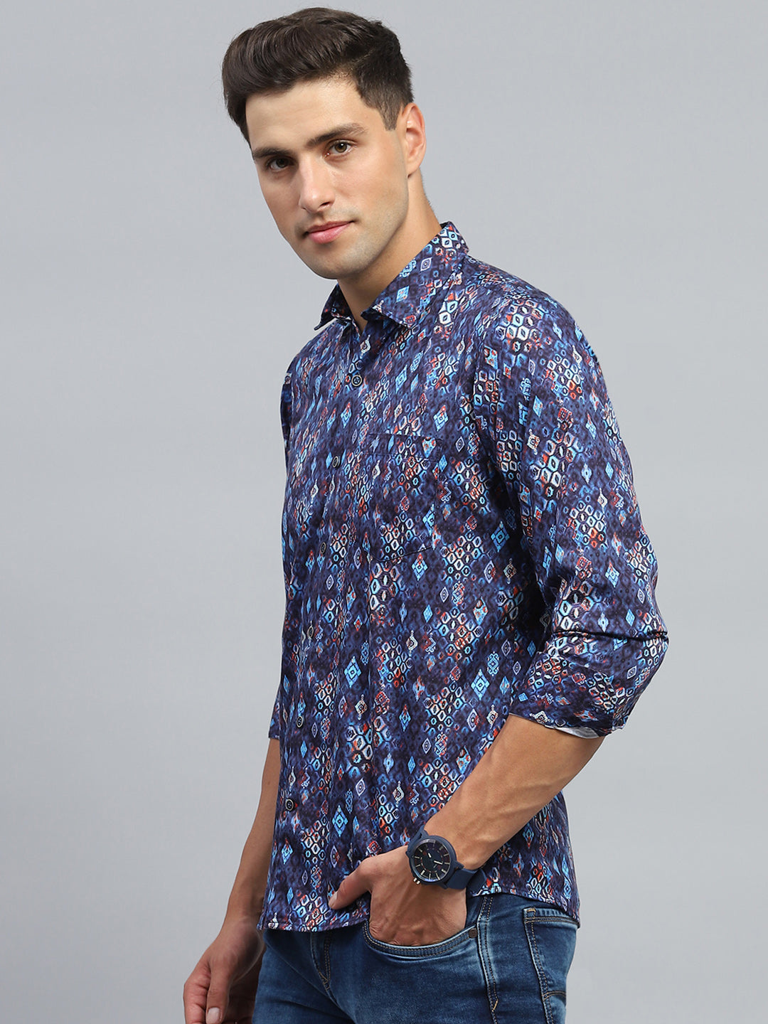 Men Blue Printed Collar Full Sleeve Shirt