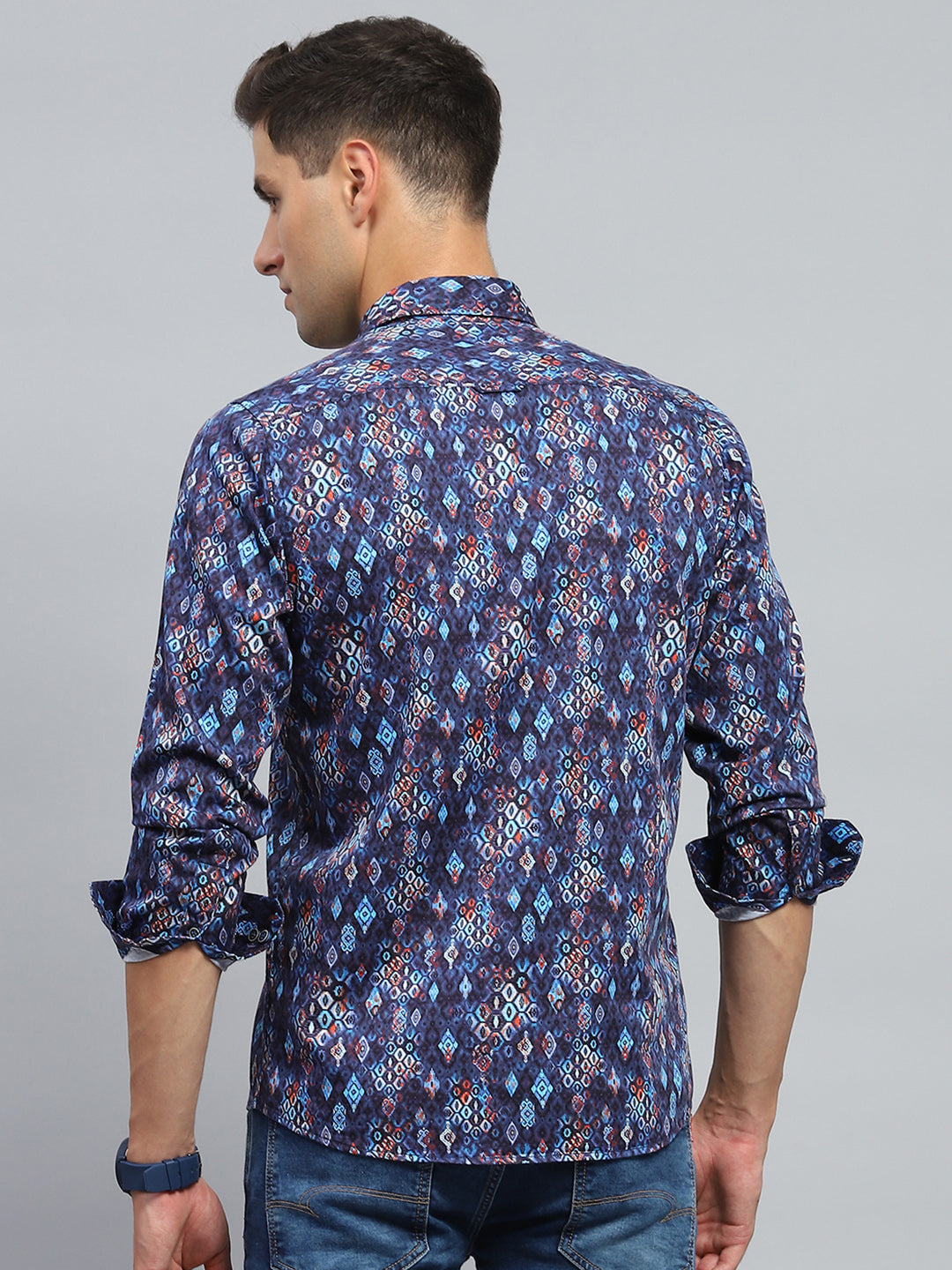 Men Blue Printed Collar Full Sleeve Shirt