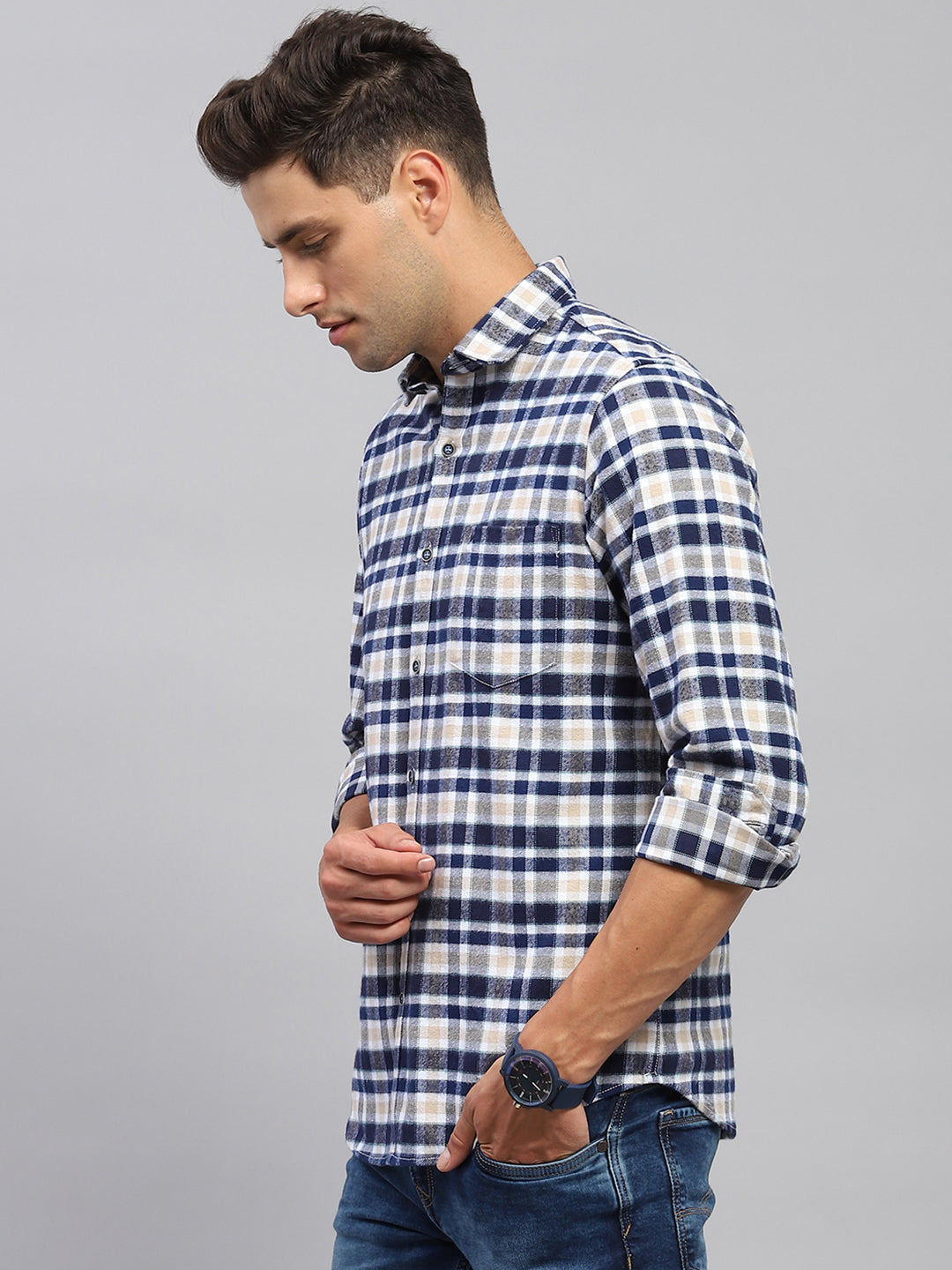 Men Navy Blue Check Collar Full Sleeve Shirt