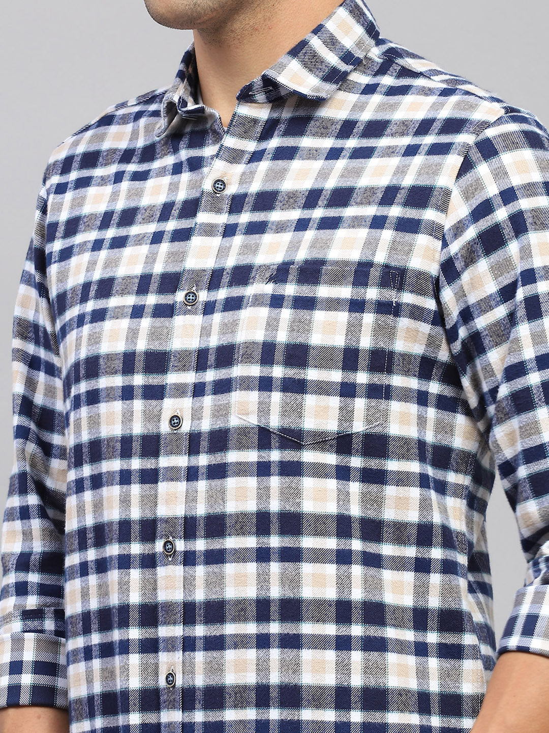 Men Navy Blue Check Collar Full Sleeve Shirt