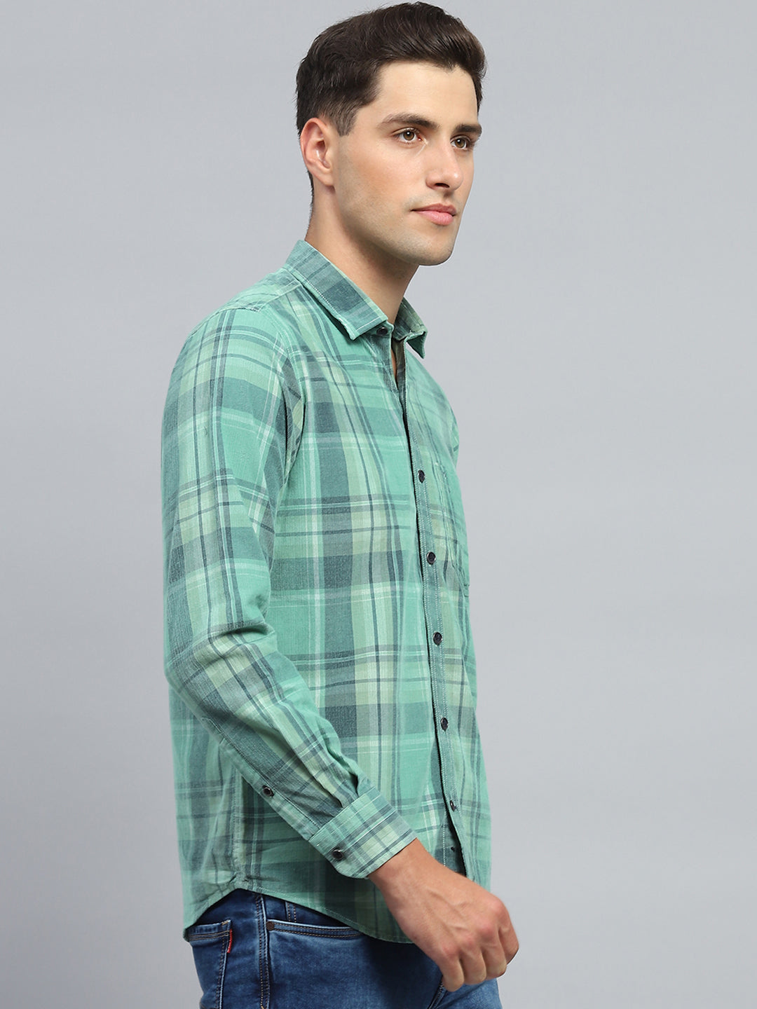 Men Green Check Collar Full Sleeve Shirt