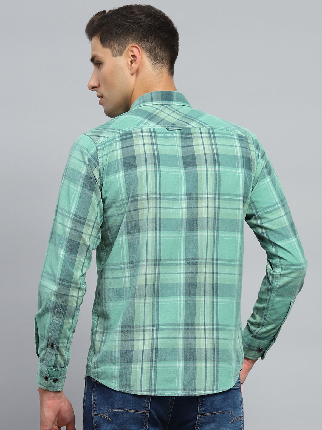 Men Green Check Collar Full Sleeve Shirt