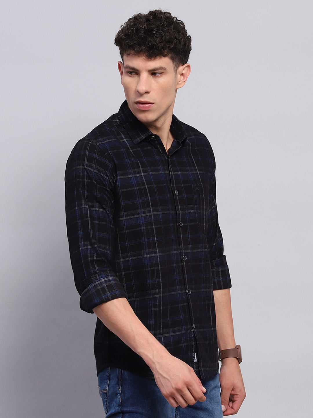 Men Blue & Black Check Collar Full Sleeve Shirt