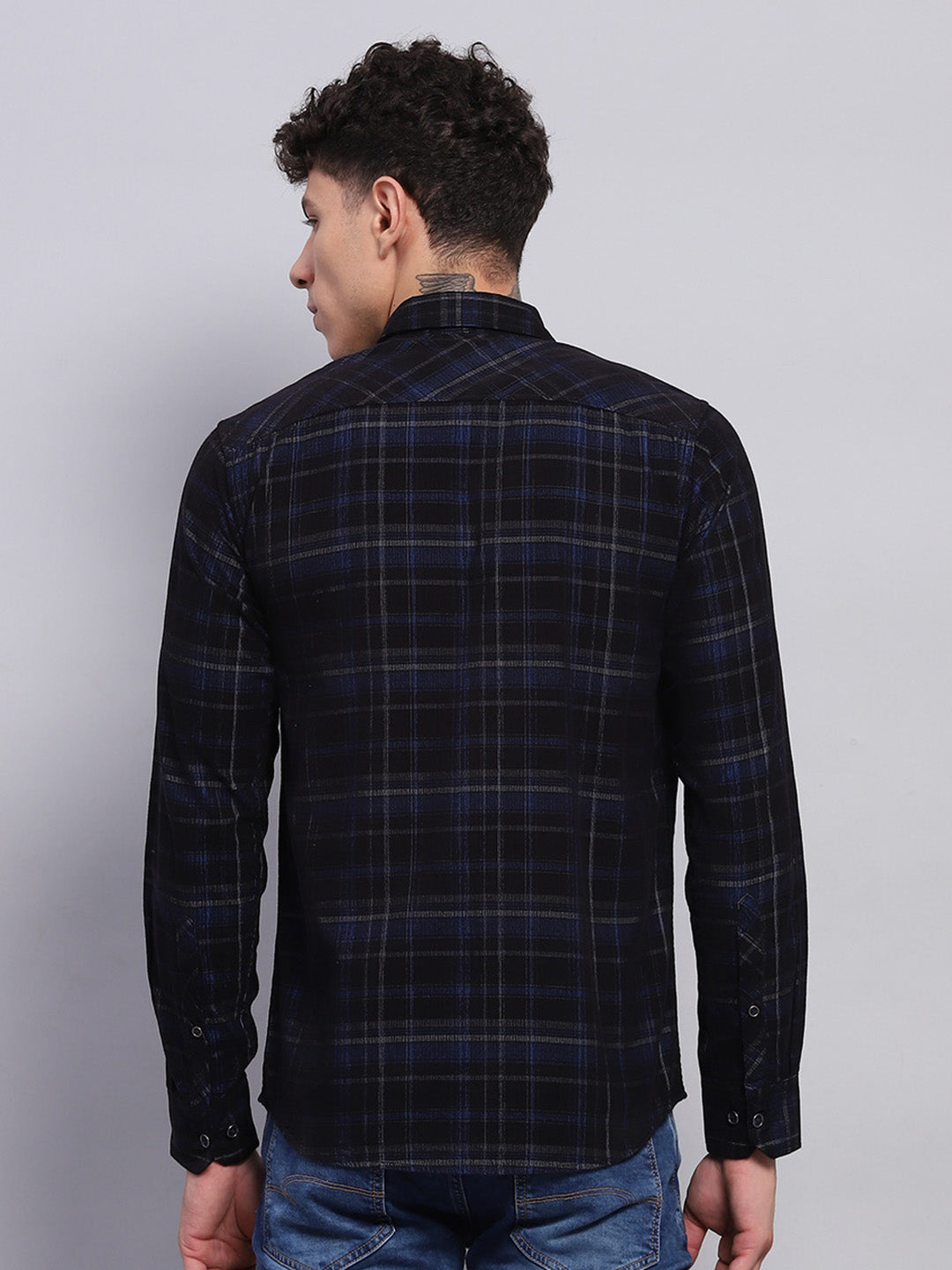 Men Blue & Black Check Collar Full Sleeve Shirt