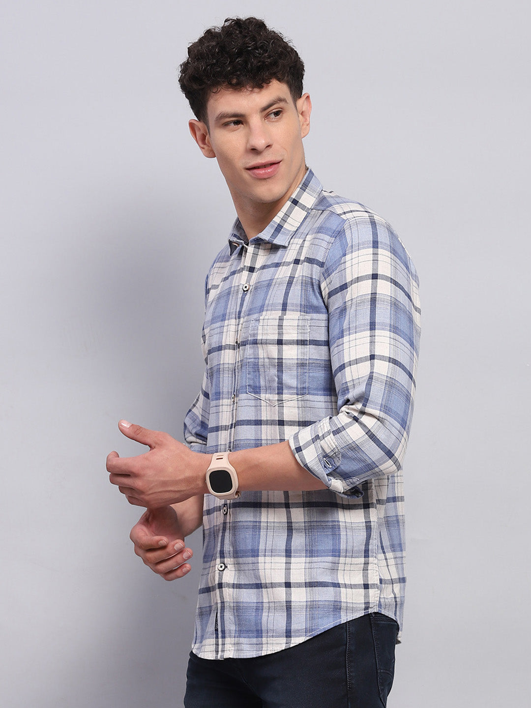 Men Blue Check Collar Full Sleeve Shirt