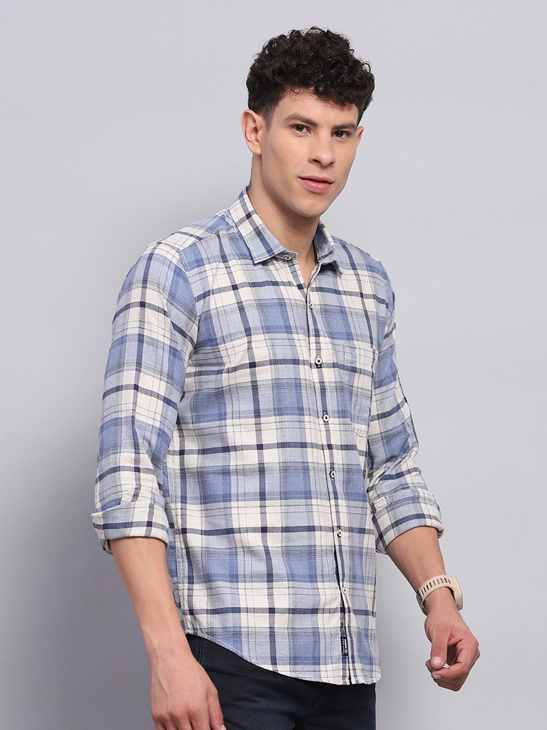 Men Blue Check Collar Full Sleeve Shirt