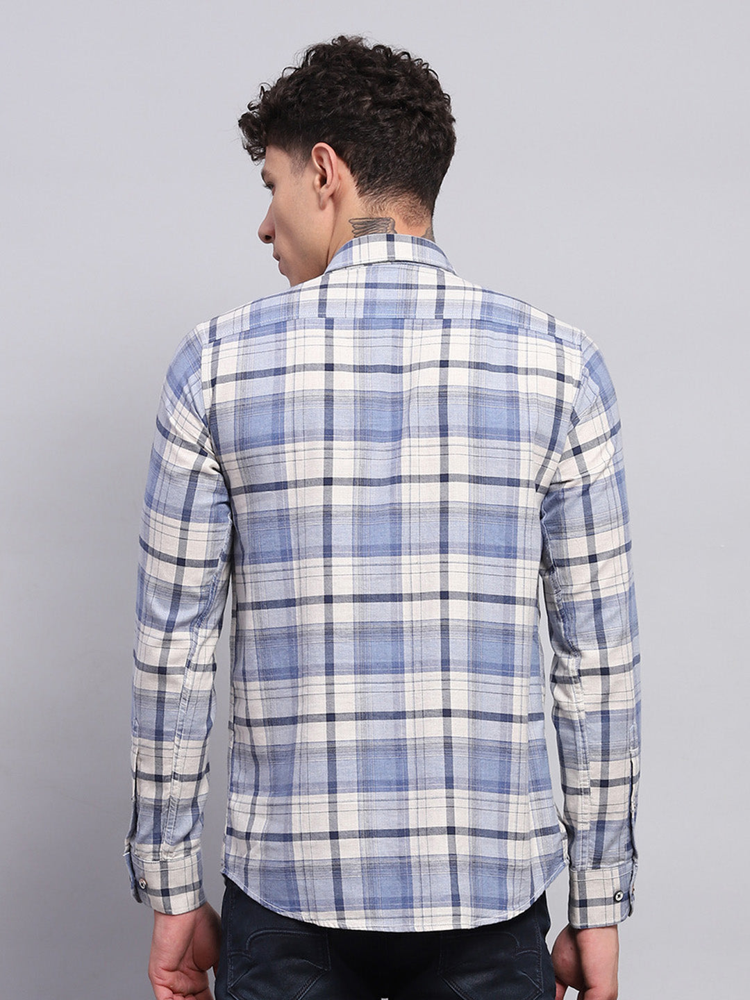 Men Blue Check Collar Full Sleeve Shirt