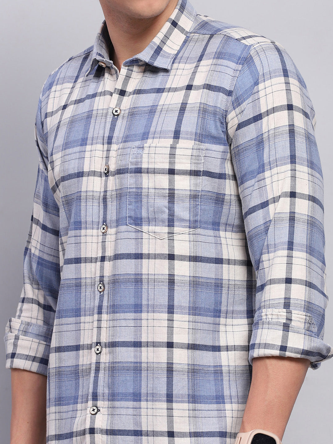 Men Blue Check Collar Full Sleeve Shirt