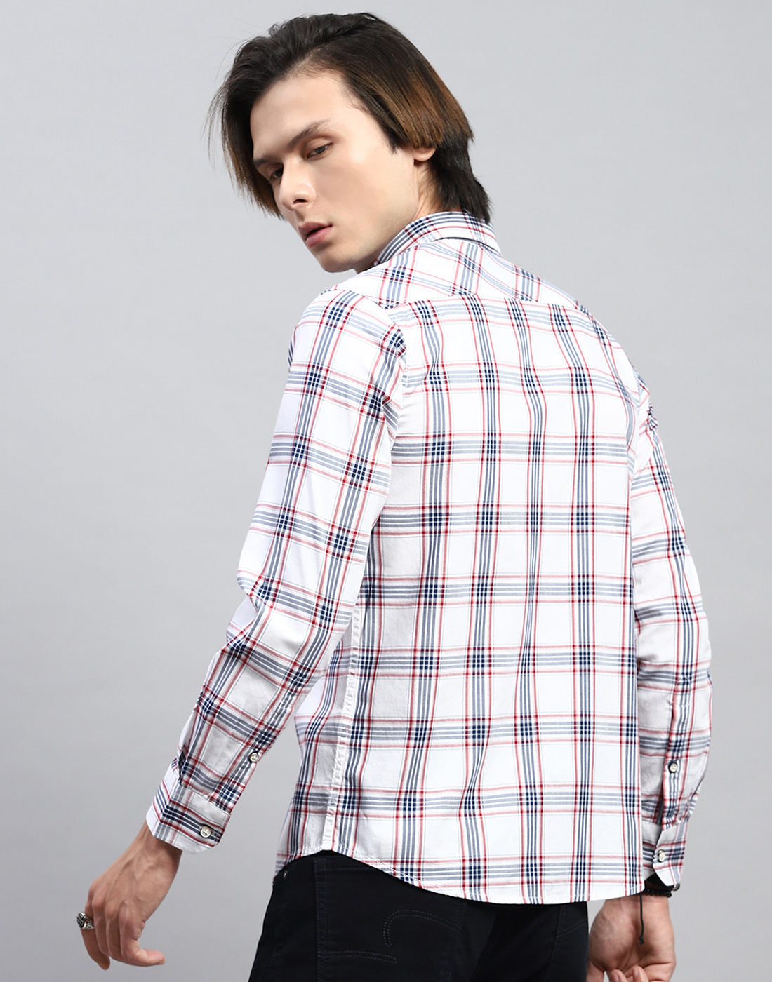 Men White Check Collar Full Sleeve Shirt