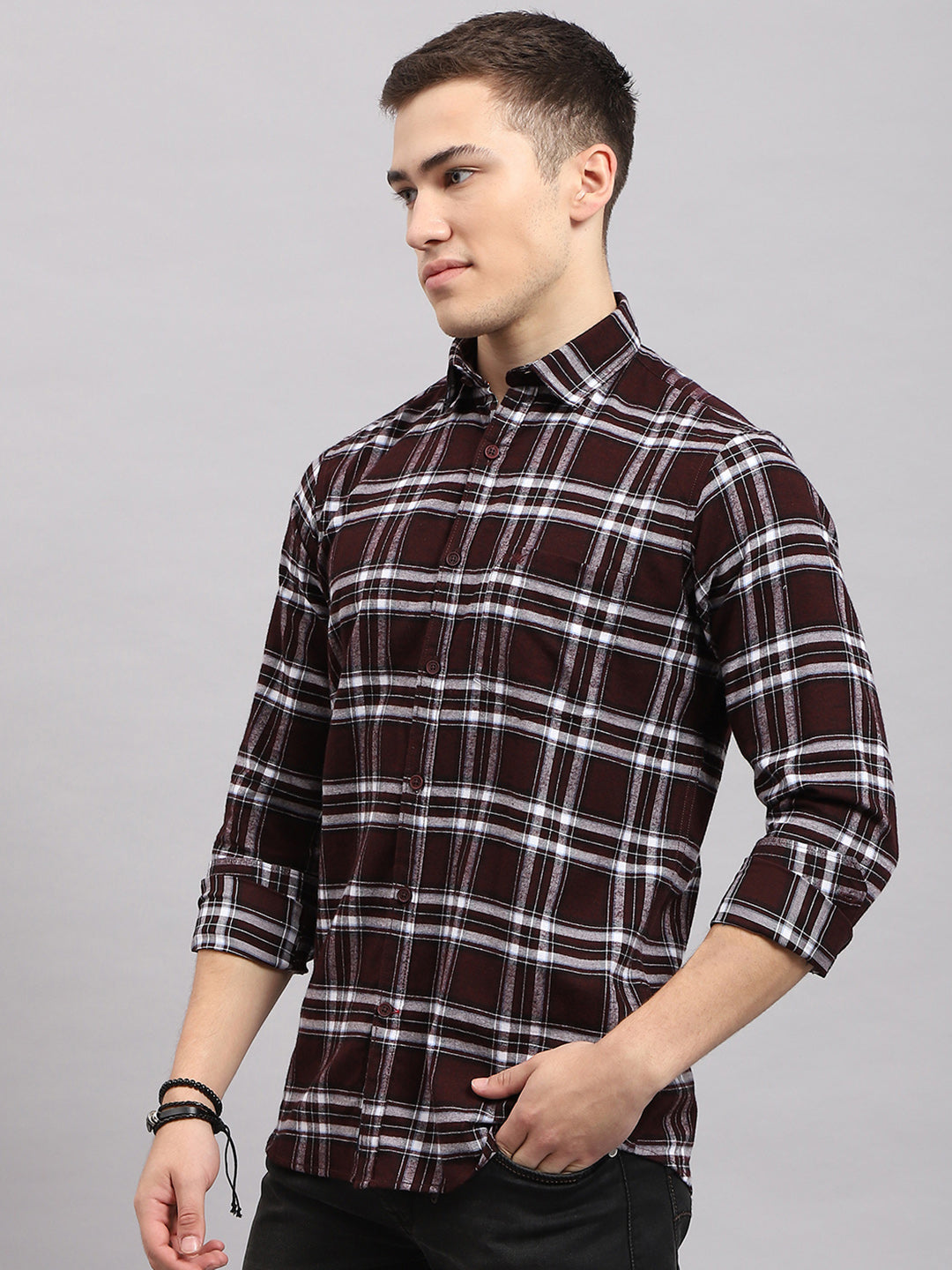 Men Maroon Check Collar Full Sleeve Shirt