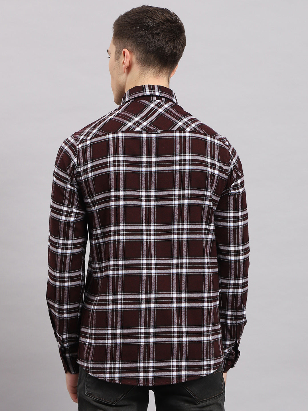 Men Maroon Check Collar Full Sleeve Shirt