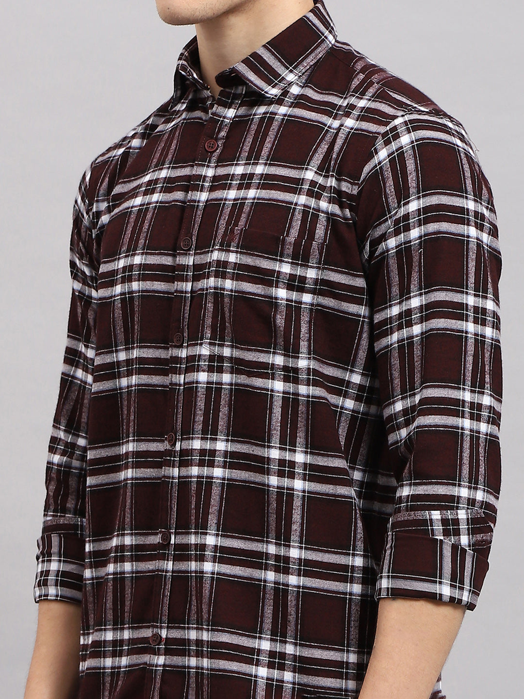 Men Maroon Check Collar Full Sleeve Shirt