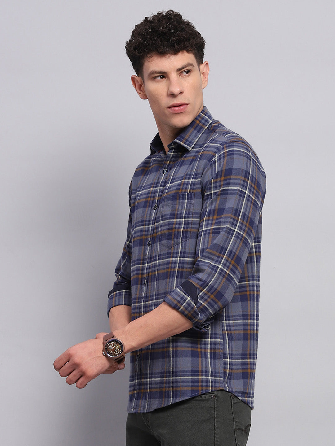 Men Blue Check Collar Full Sleeve Shirt