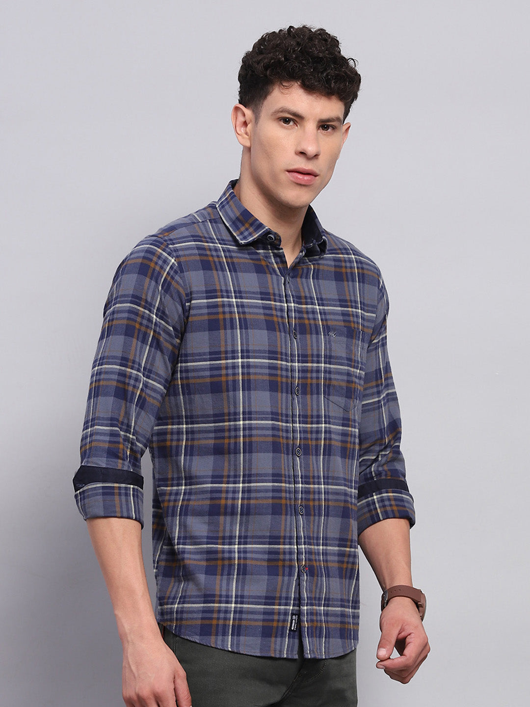 Men Blue Check Collar Full Sleeve Shirt