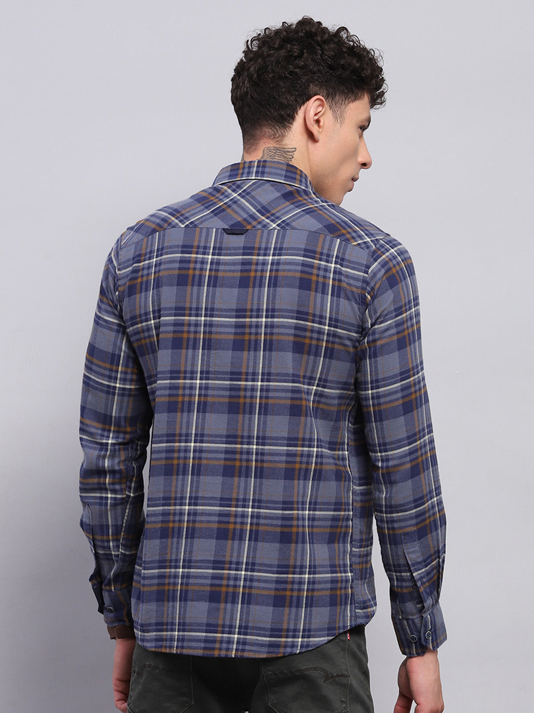 Men Blue Check Collar Full Sleeve Shirt