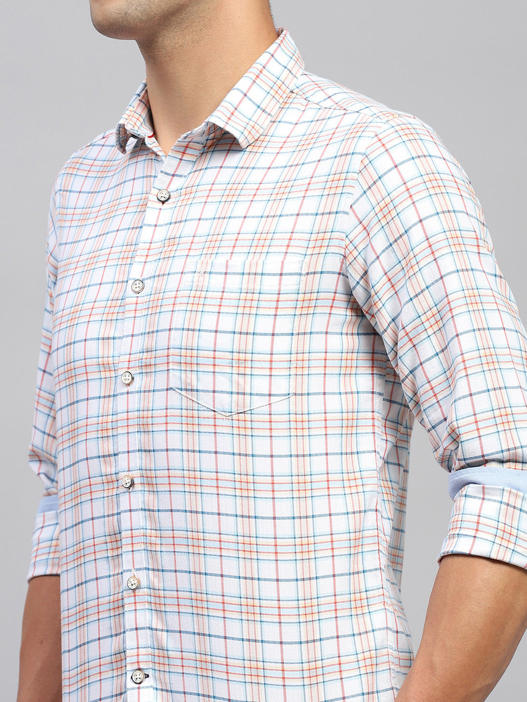 Men White & Red Check Spread Collar Full Sleeve Shirt