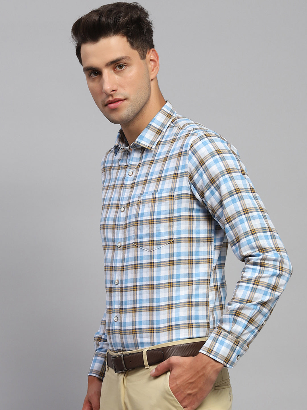 Men Blue Check Spread Collar Full Sleeve Shirt