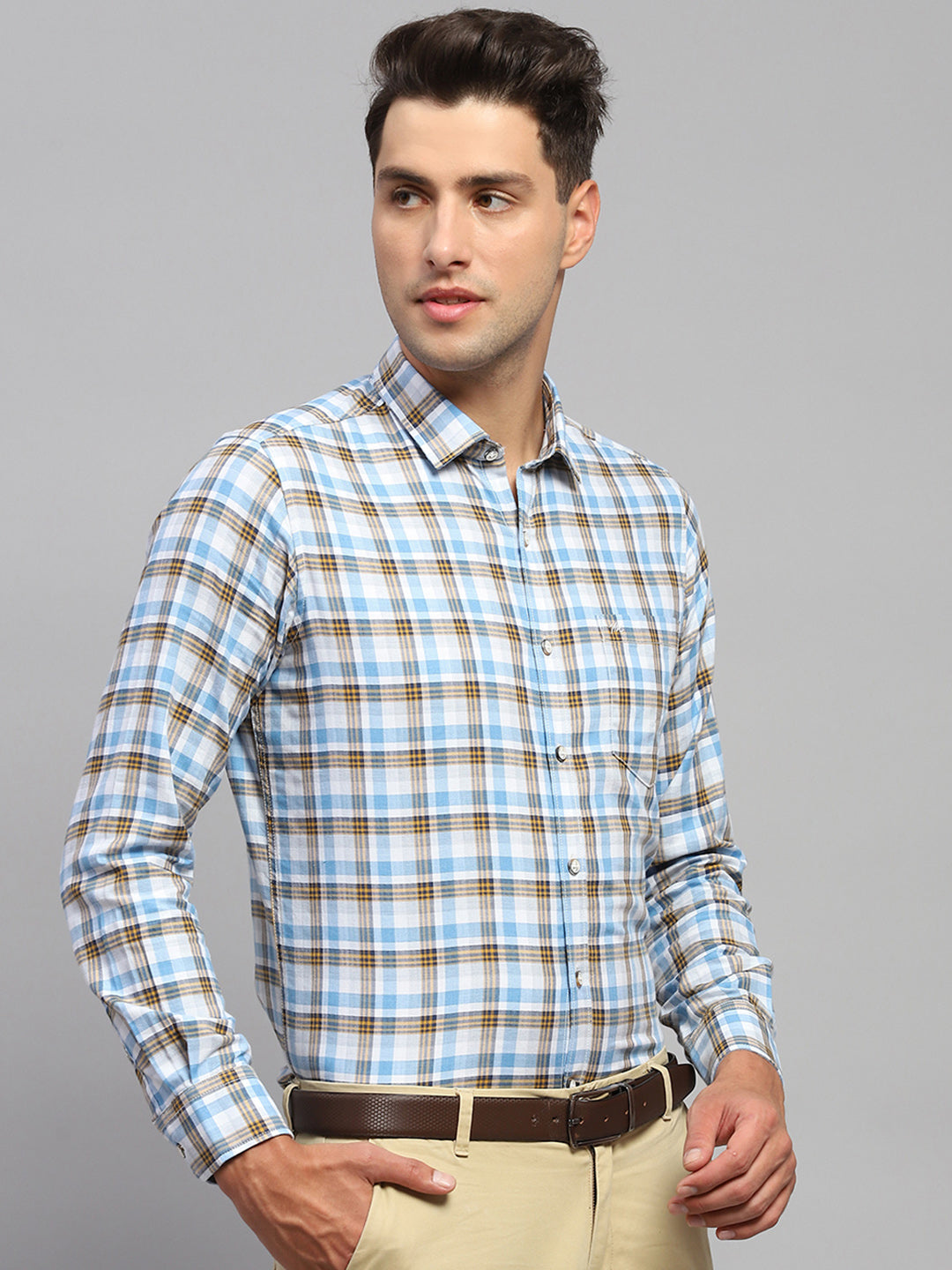 Men Blue Check Spread Collar Full Sleeve Shirt