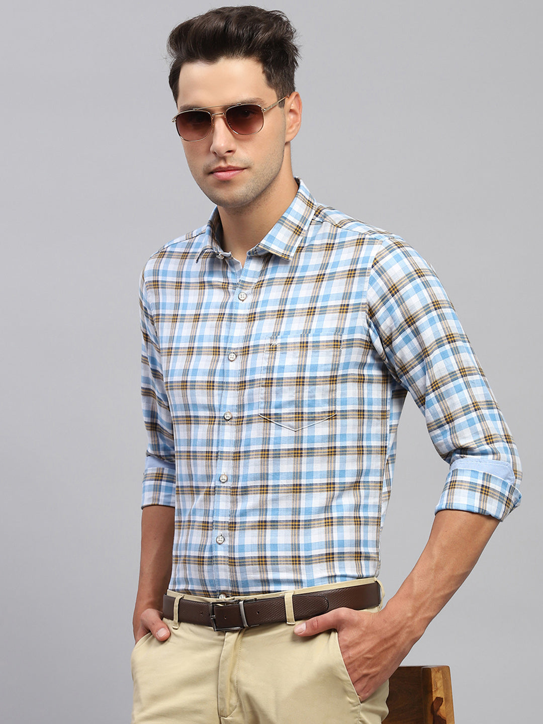 Men Blue Check Spread Collar Full Sleeve Shirt