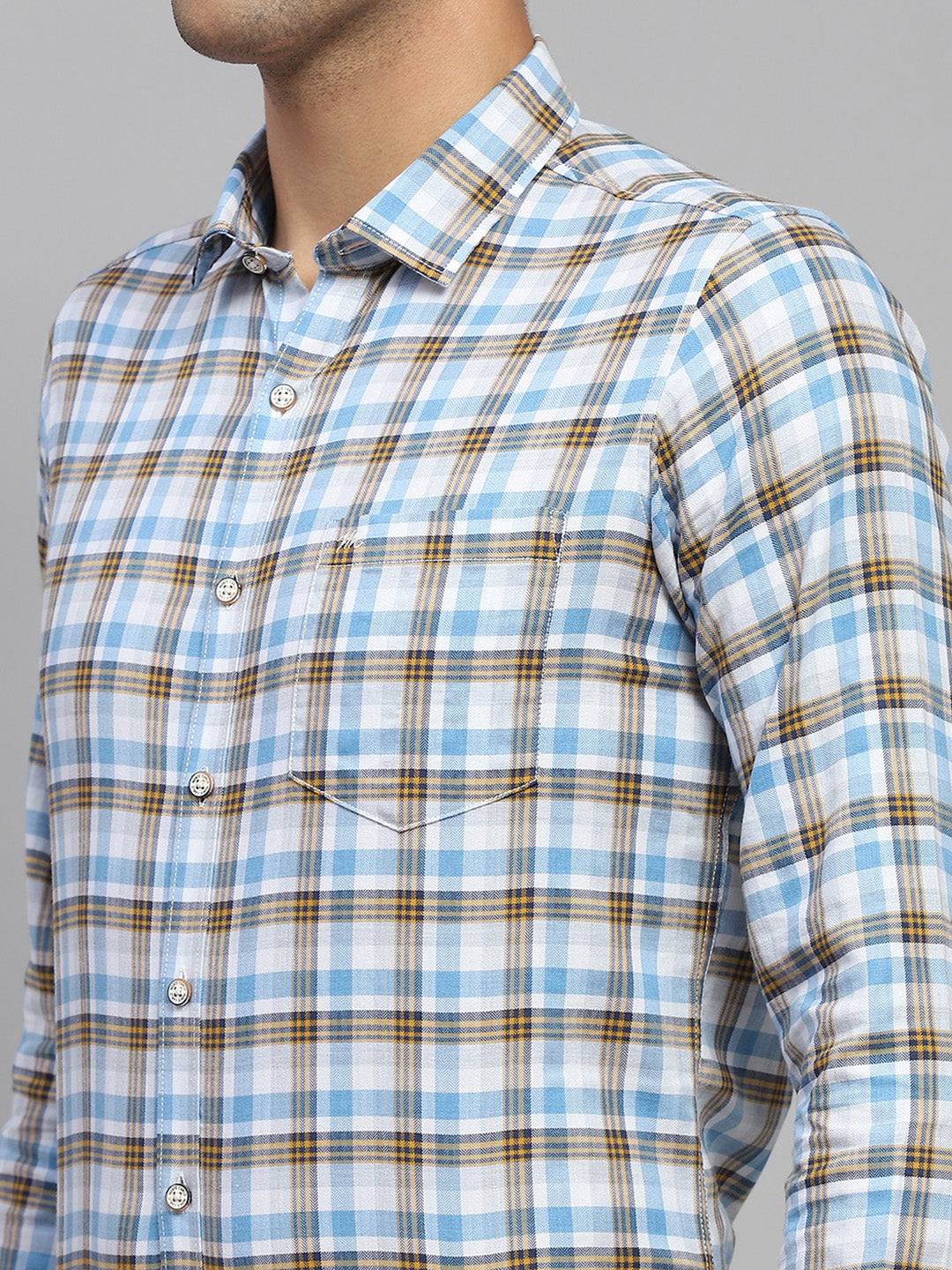 Men Blue Check Spread Collar Full Sleeve Shirt