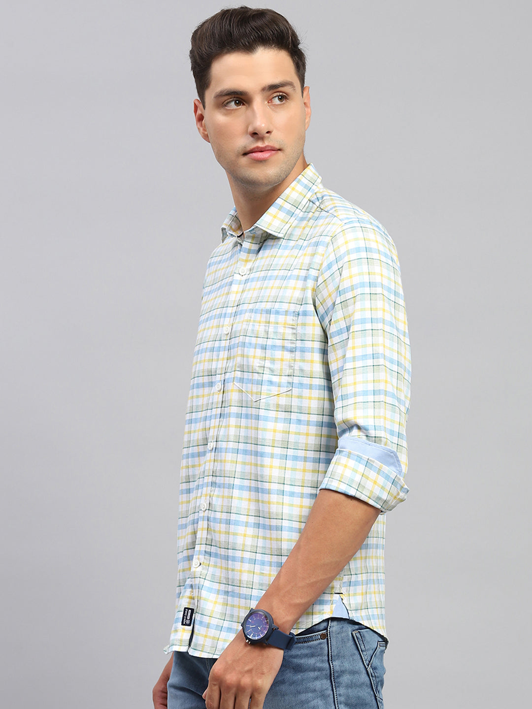 Men Yellow & Blue Check Spread Collar Full Sleeve Shirt