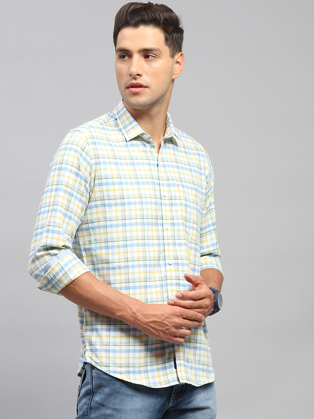 Men Yellow & Blue Check Spread Collar Full Sleeve Shirt