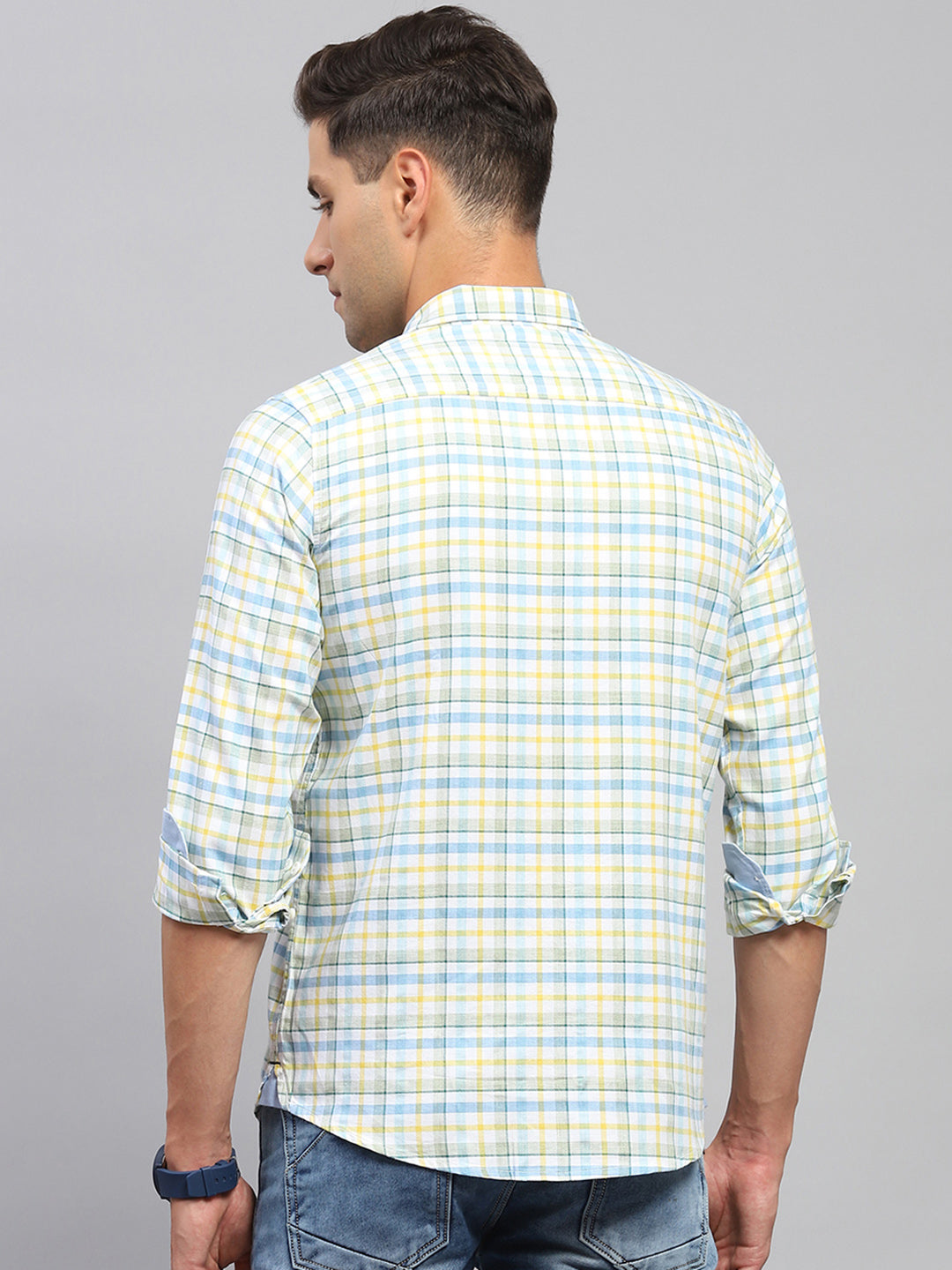 Men Yellow & Blue Check Spread Collar Full Sleeve Shirt