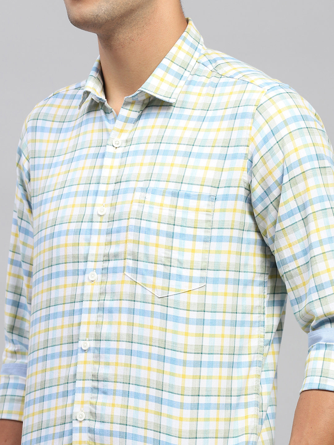 Men Yellow & Blue Check Spread Collar Full Sleeve Shirt