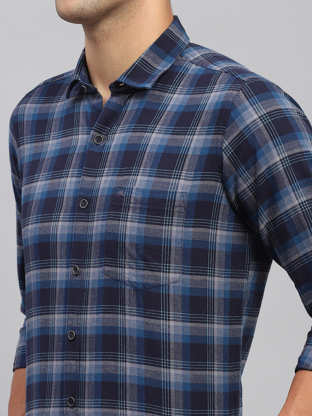 Men Navy Blue Check Spread Collar Full Sleeve Shirt